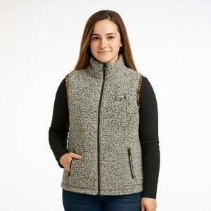 Realtree Womens M Green Camo Trim Full Zip Sherpa Vest Pockets Cozy Hunting